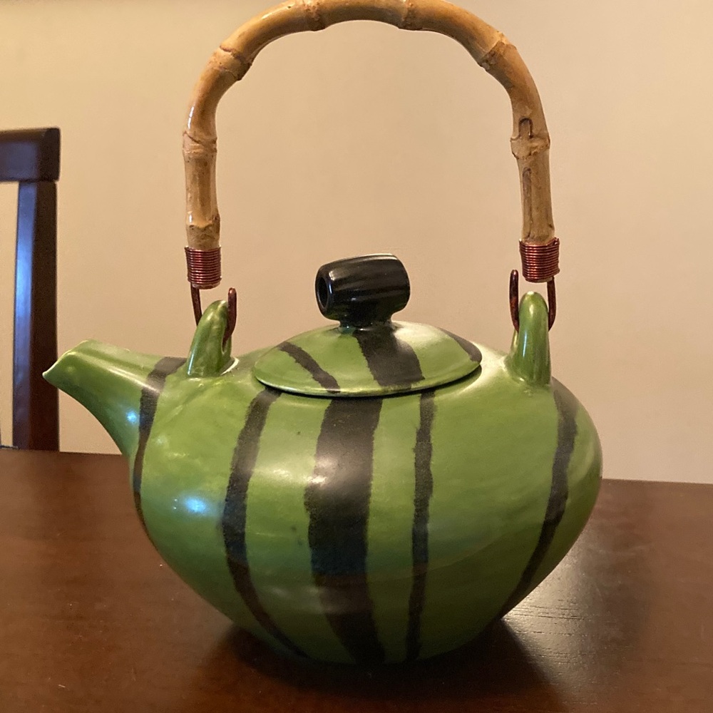 NEW Green and Black Striped Teapot with Bamboo Handle